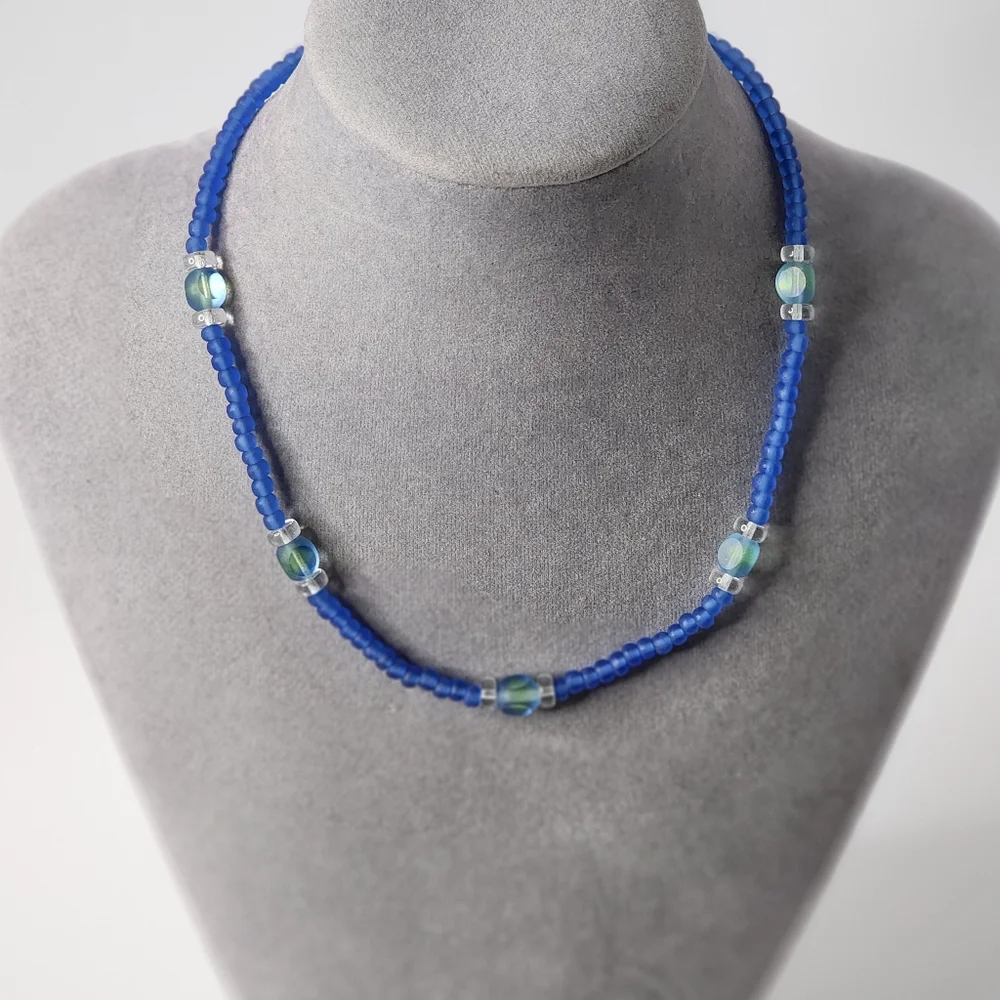 Blue Glass Beaded Choker Necklace